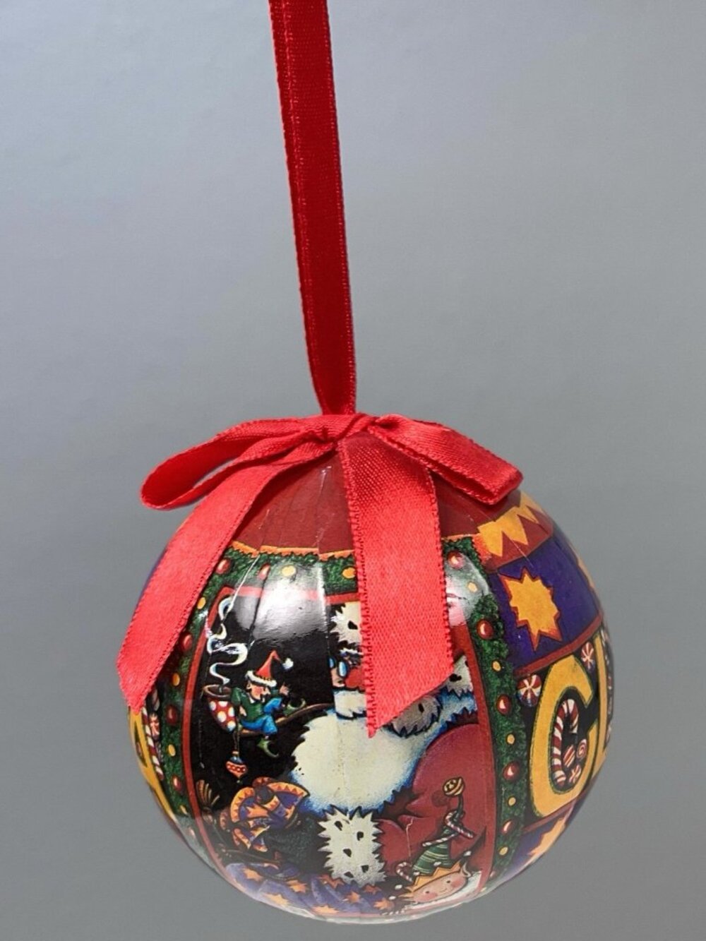 VTG MARY ENGELBREIT Papier-mache CHRISTMAS ORNAMENT Ball Santa Claus Ribbon 3"